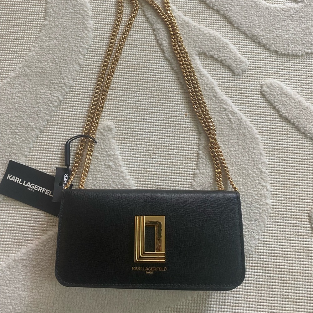 Karl Lagerfeld Paris Sig String wallet with gold chain. Brand new with tags